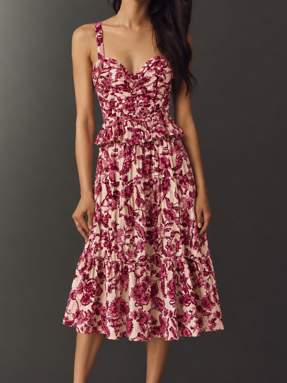 LÉA Pink Floral Cottagecore Midi Dress | Ruched Bust Peplum Sundress Medium